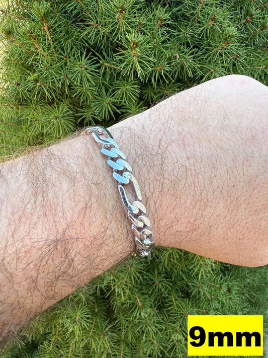 Hollow Figaro Link Monaco Bracelet - Rhodium Finish 925 Sterling Silver - 7"-9" - 9mm-15mm