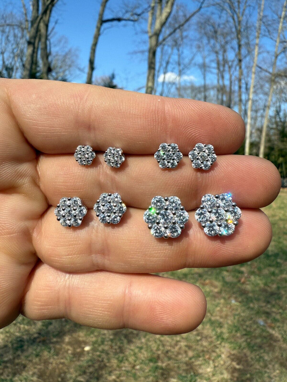 Cluster Iced Out Honeycomb Set Earrings - Silver - CZ Stones - 6mm -12mm