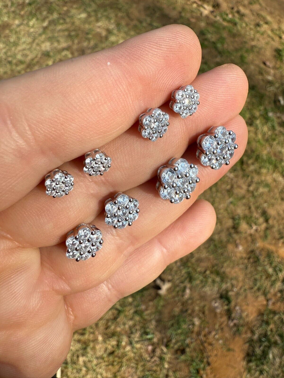 Cluster Iced Out Honeycomb Set Earrings - Silver - CZ Stones - 6mm -12mm