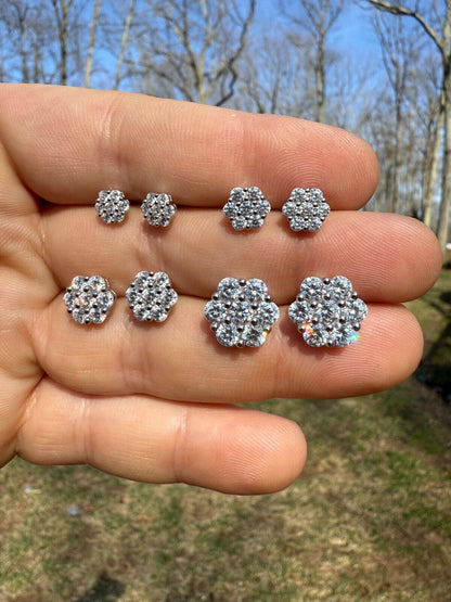Cluster Iced Out Honeycomb Set Earrings - Silver - CZ Stones - 6mm -12mm