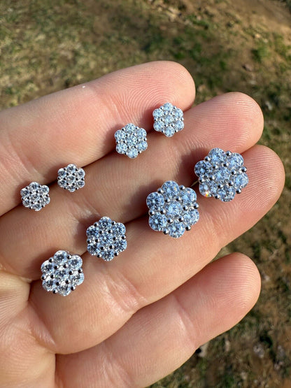 Cluster Iced Out Honeycomb Set Earrings - Silver - CZ Stones - 6mm -12mm