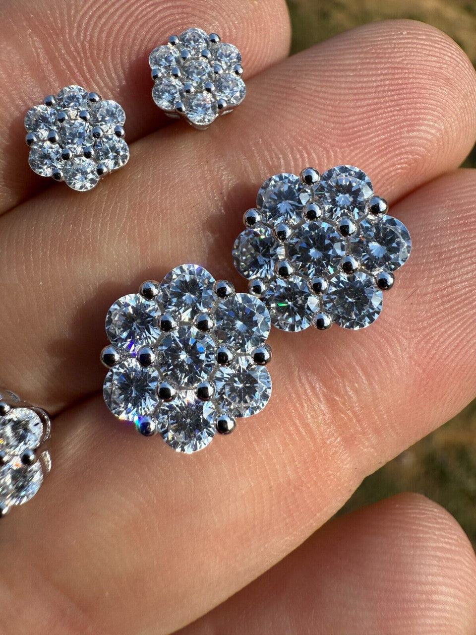 Cluster Iced Out Honeycomb Set Earrings - Silver - CZ Stones - 6mm -12mm