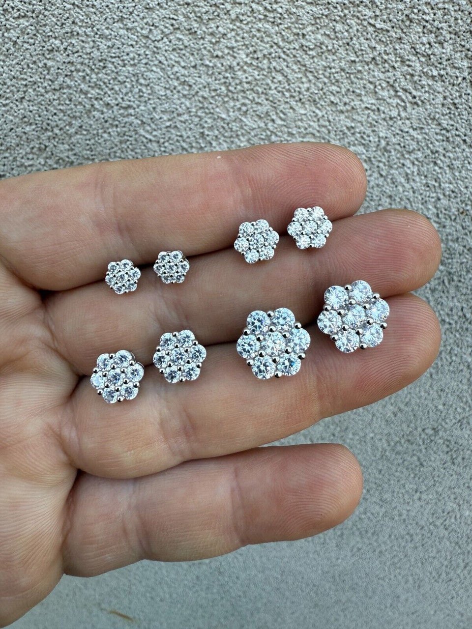 Cluster Iced Out Honeycomb Set Earrings - Silver - CZ Stones - 6mm -12mm