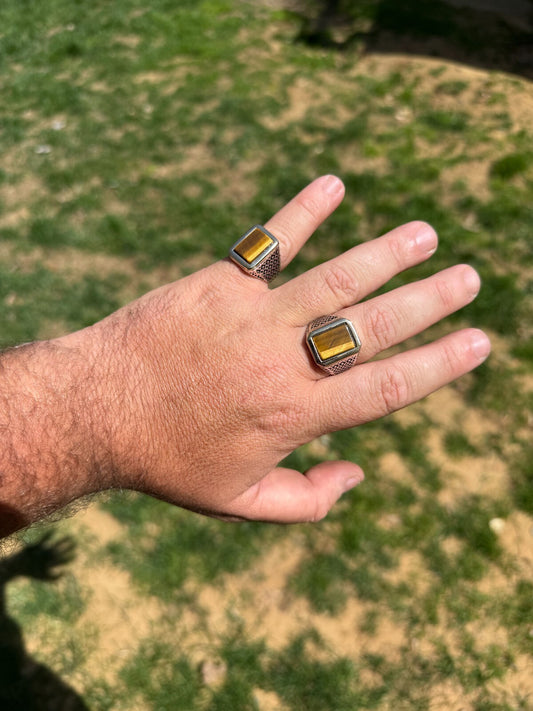 Mens Real Solid 925 Sterling Silver & 10k Gold Tigers Eye Gemstone Square Ring