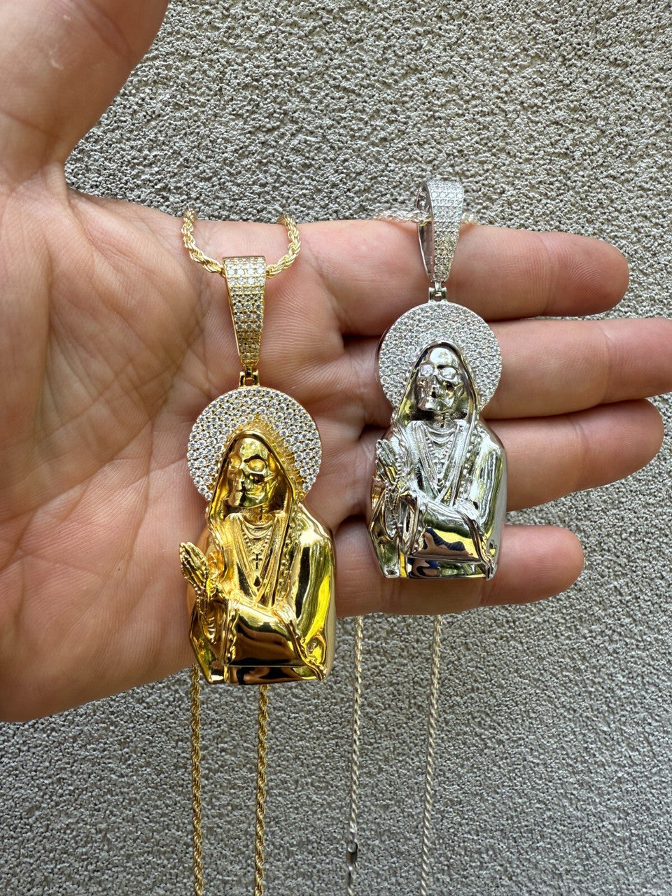 MOISSANITE Praying Grim Reaper Pendant - 14k Gold Vermeil or 925 Silver - Large 3"