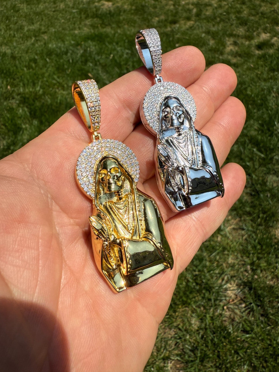 MOISSANITE Praying Grim Reaper Pendant - 14k Gold Vermeil or 925 Silver - Large 3"