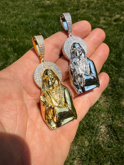 MOISSANITE Praying Grim Reaper Pendant - 14k Gold Vermeil or 925 Silver - Large 3"