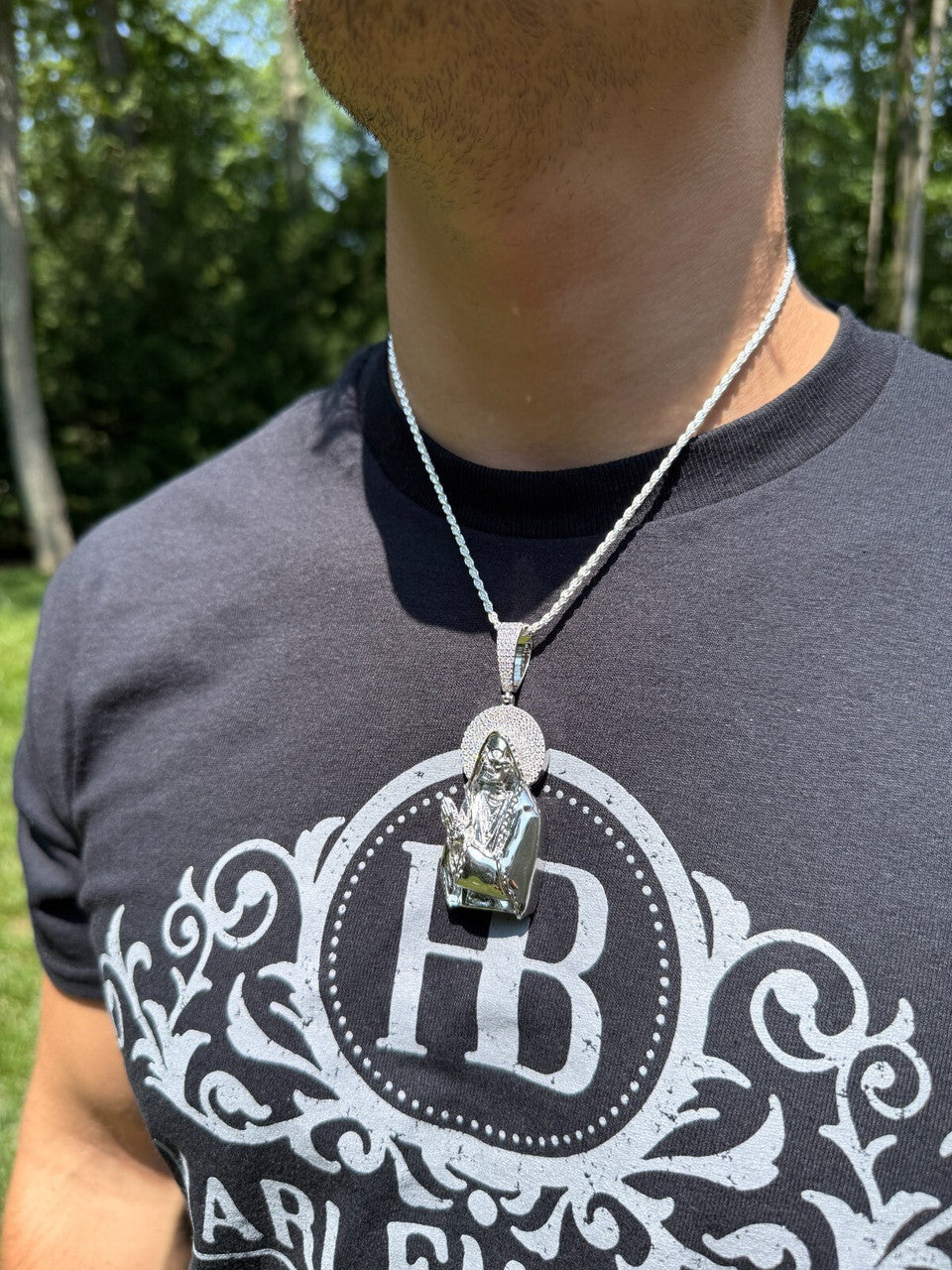 MOISSANITE Praying Grim Reaper Pendant - 14k Gold Vermeil or 925 Silver - Large 3"