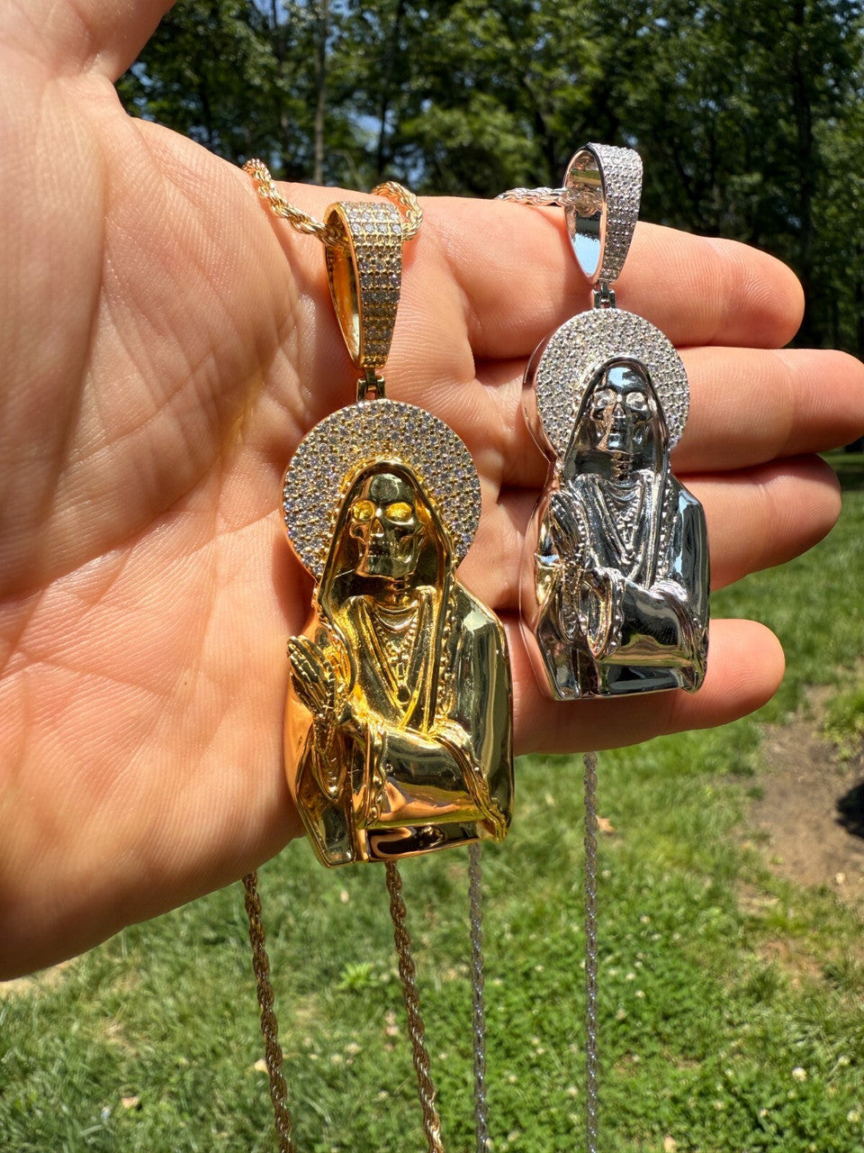 MOISSANITE Praying Grim Reaper Pendant - 14k Gold Vermeil or 925 Silver - Large 3"