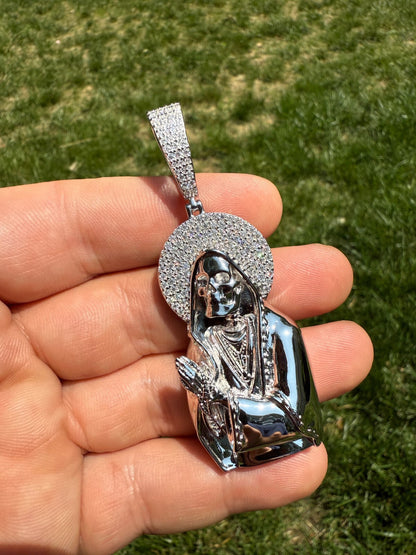 MOISSANITE Praying Grim Reaper Pendant - 14k Gold Vermeil or 925 Silver - Large 3"