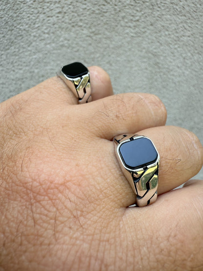Miami Cuban Ring - 925 Silver Oxidized - Genuine Black Onyx Stone