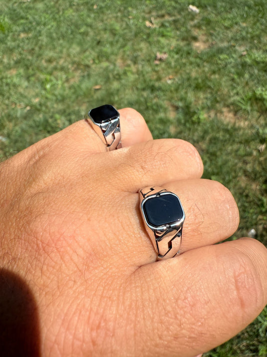 Miami Cuban Ring - 925 Silver Oxidized - Genuine Black Onyx Stone