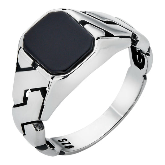 Miami Cuban Ring - 925 Silver Oxidized - Genuine Black Onyx Stone