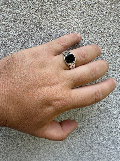 Miami Cuban Ring - 925 Silver Oxidized - Genuine Black Onyx Stone