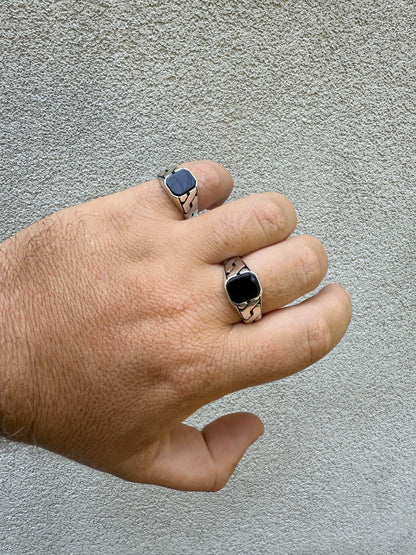 Miami Cuban Ring - 925 Silver Oxidized - Genuine Black Onyx Stone