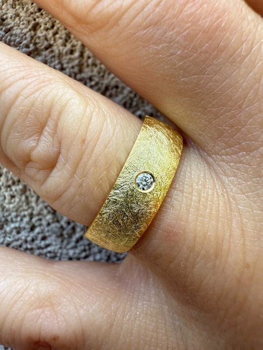 MOISSANITE Solitaire Scraped Brushed Wedding Band Ring - 14k Gold Vermeil 925 Silver