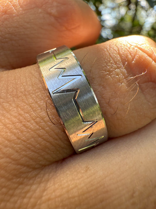 Heartbeat Pulse Wedding Band Ring - 925 Silver - Plain