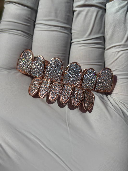 14k Rose Gold Plated Real 925 Sterling Silver CZ GRILLZ Teeth Top Bottom HipHop Imported from eBay HarlemBling