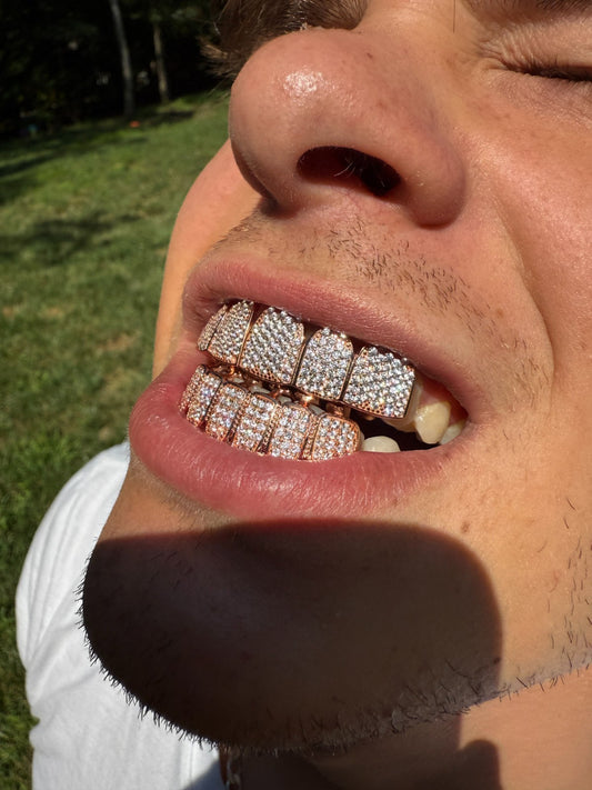 14k Rose Gold Plated Real 925 Sterling Silver CZ GRILLZ Teeth Top Bottom HipHop Imported from eBay HarlemBling