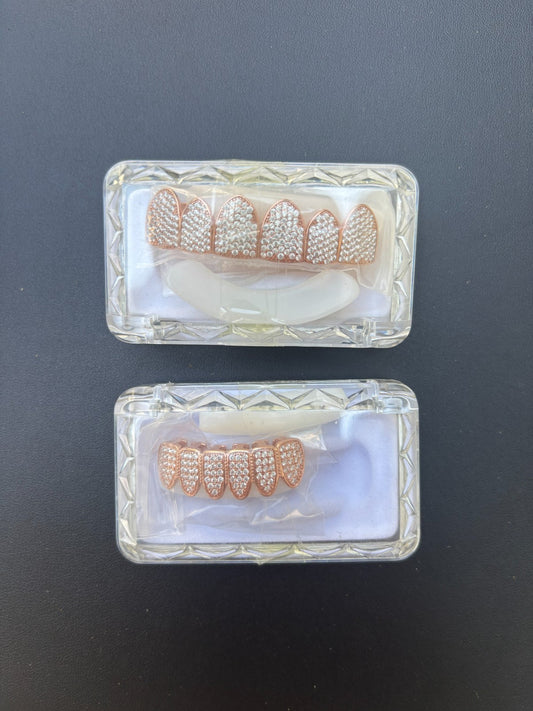 14k Rose Gold Plated Real 925 Sterling Silver CZ GRILLZ Teeth Top Bottom HipHop Imported from eBay HarlemBling