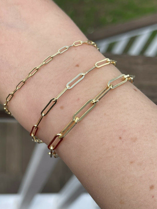 14k Gold Over Solid 925 Sterling Silver Paperclip Bracelet 2.5mm-4mm ITALY 6-8