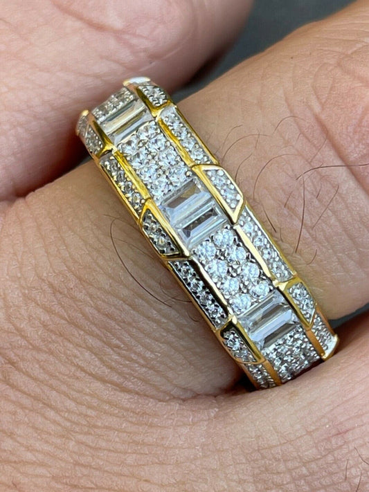 14K Gold Vermeil 925 Silver Real Iced Baguette Diamond Wedding Band Pinky Ring