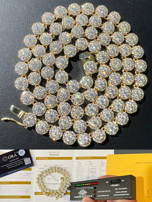 14k Gold Vermeil Silver Real MOISSANITE Hip Hop Cluster Tennis Chain Necklace