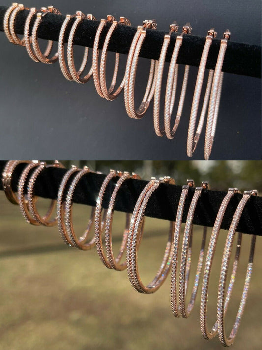 14k Rose Gold 925 Silver Endless Hoop Earrings Inside Out Diamond Huggie 18-50mm