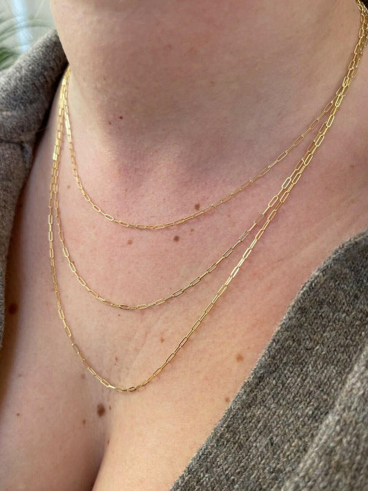 14k Solid Yellow Gold Paperclip Rolo Chain 1.5mm Necklace 16"-24" For Ladies