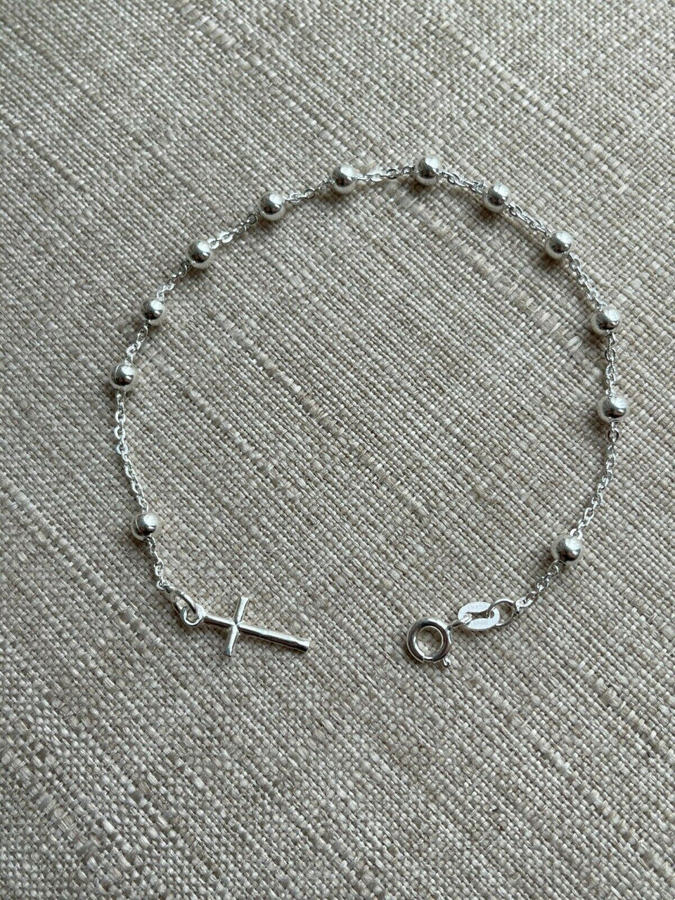 4mm Rosary Bead Rosario Cross Ladies Bracelet Genuine 925 Sterling Silver Italy
