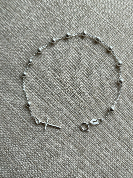 4mm Rosary Bead Rosario Cross Ladies Bracelet Genuine 925 Sterling Silver Italy