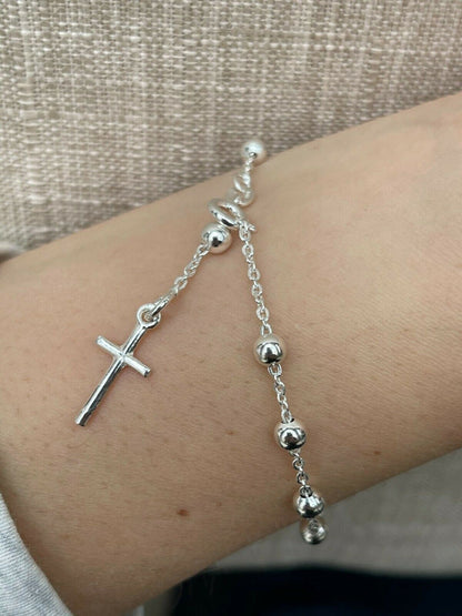 4mm Rosary Bead Rosario Cross Ladies Bracelet Genuine 925 Sterling Silver Italy