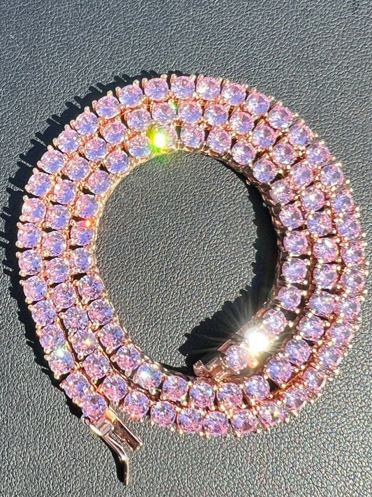 4mm Tennis Chain Real 925 Sterling Silver 14k Rose Gold Pink Diamond Necklace