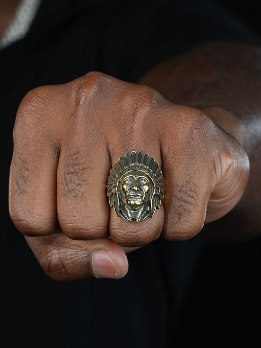 Indian Chief Ring - 925 Silver Oxidized 14k Gold Vermeil - Plain