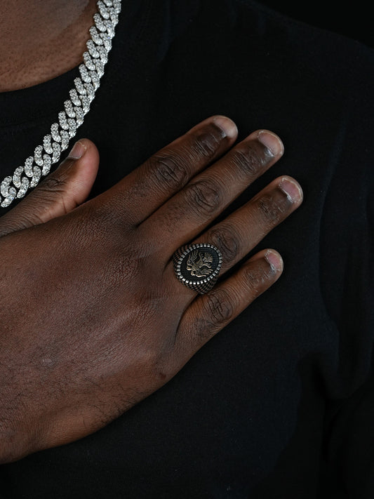 Albanian Eagle Ring - 925 Silver Oxidized W. Gold Accent - Plain