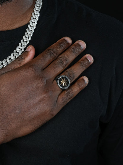 Sailor's Compass Ring - 925 Silver Oxidized W. Gold Accent - Plain