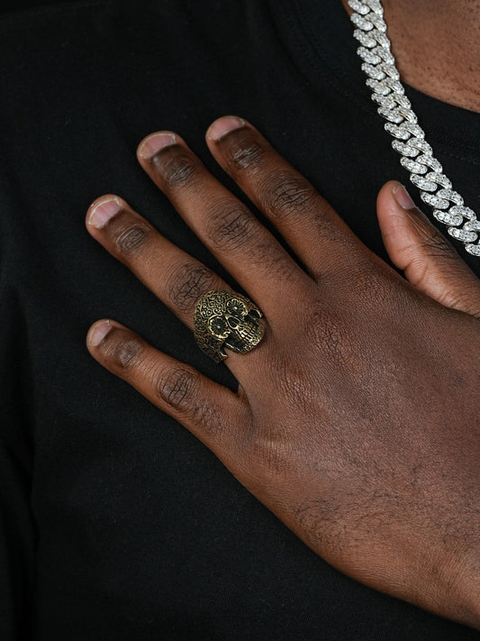 Sugar Skull Ring - 14k Gold Vermeil 925 Silver Oxidized - Plain