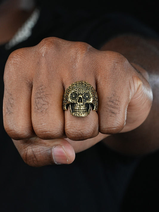 Sugar Skull Ring - 14k Gold Vermeil 925 Silver Oxidized - Plain