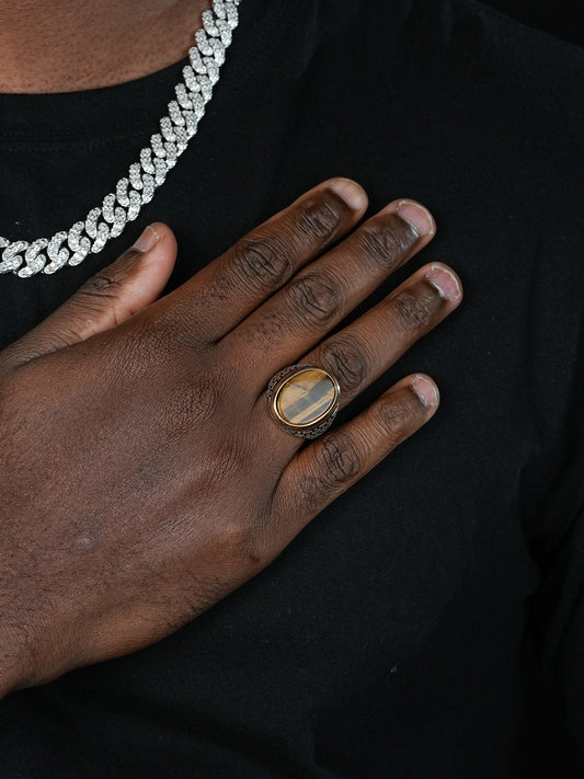 Large Oval Brick Road Ring - 925 Silver Oxidized W. Gold Bezel - Genuine Tiger's Eye Stone