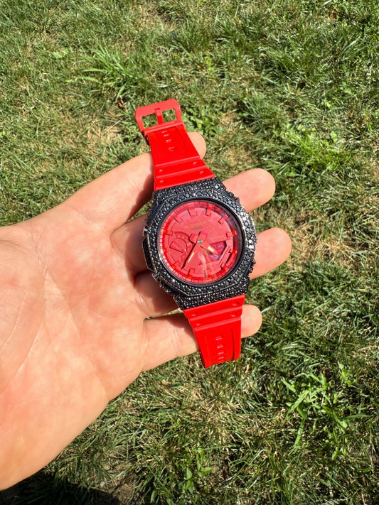 BLACK MOISSANITE Real 925 Silver Iced Red Casio G Shock GA2100 Hip Hop Watch ICED OUT WATCHES HarlemBling