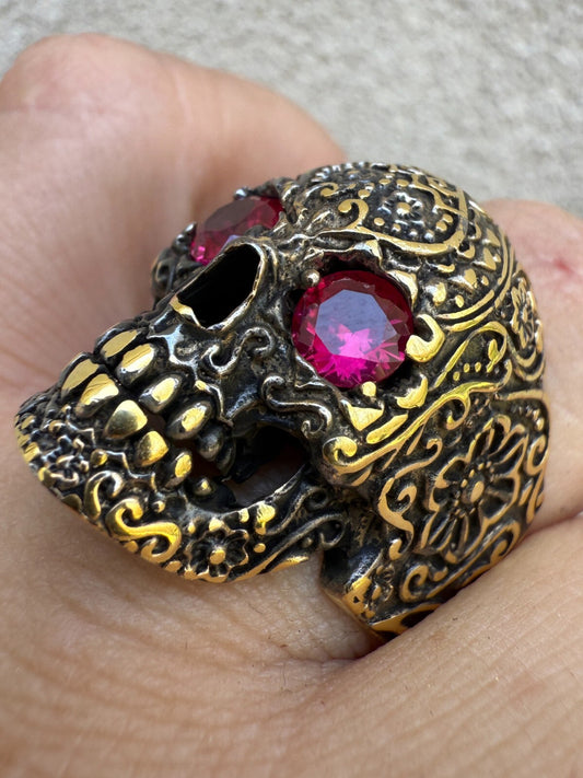 Calavera Day Of Dead Sugar Skull & Roses Ring W. Eyes 14k Gold Over 925 Silver Imported from eBay HarlemBling