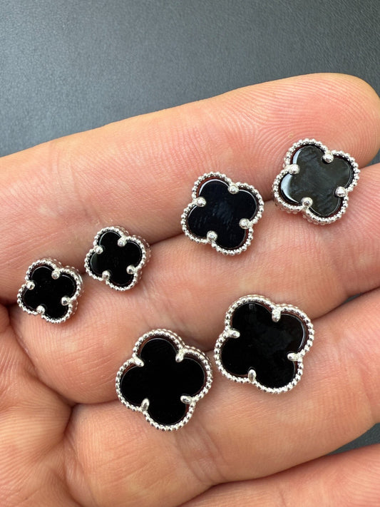 Clover Earrings Real 925 Sterling Silver & Black Onyx Gemstone 8mm-12mm Flower Imported from eBay HarlemBling