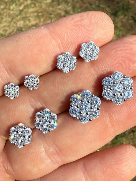 Cluster Flower Set Earrings Real 925 Silver 6-12mm Iced Hip Hop Studs CZ Stones Imported from eBay HarlemBling