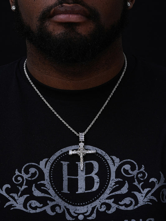 Jesus On Nail Cross Baguette Diamond Pendant - 14k Gold Vermeil & 925 Silver - CZ Stones - Medium 2.25"