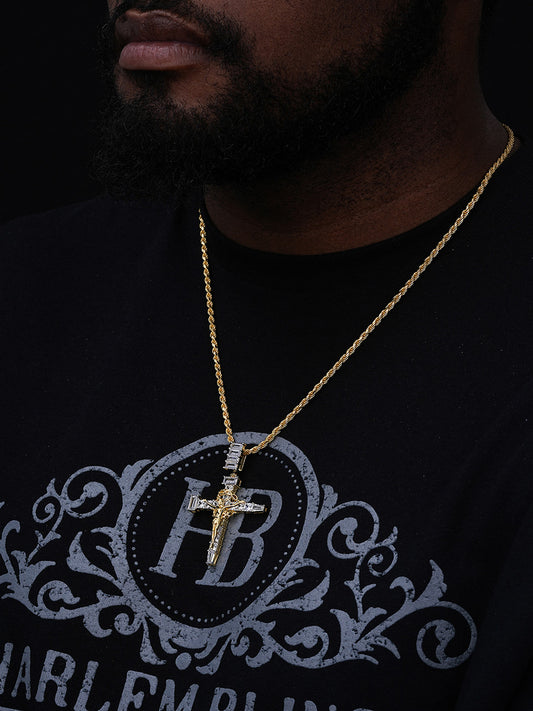 Jesus On Nail Cross Baguette Diamond Pendant - 14k Gold Vermeil & 925 Silver - CZ Stones - Medium 2.25"