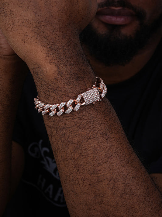 Classic Miami Cuban Link Bracelet Iced Out CZ Stones - Rose Gold Vermeil & 925 Silver - 15mm - 8.5"
