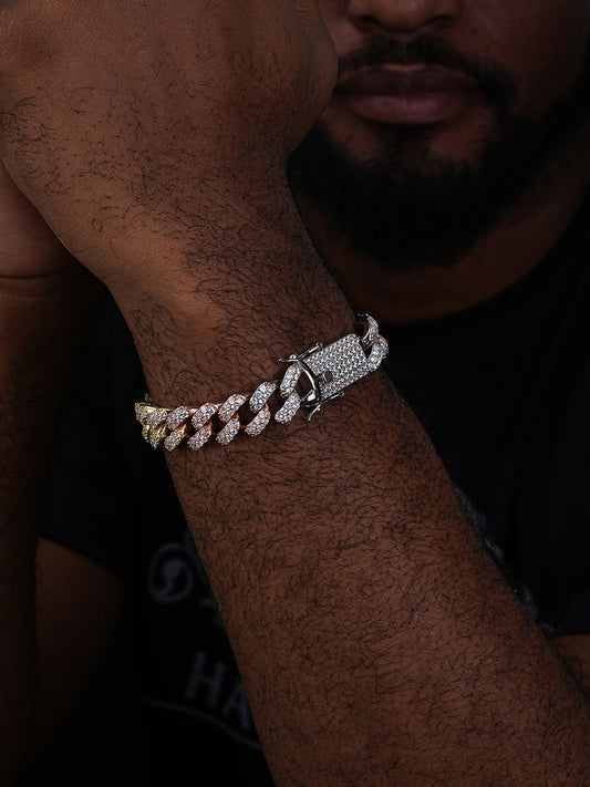 Classic Miami Cuban Link Bracelet Iced Out CZ Stones - Tricolor 14k Yellow & Rose Gold Vermeil & 925 Silver - 15mm - 8.5"