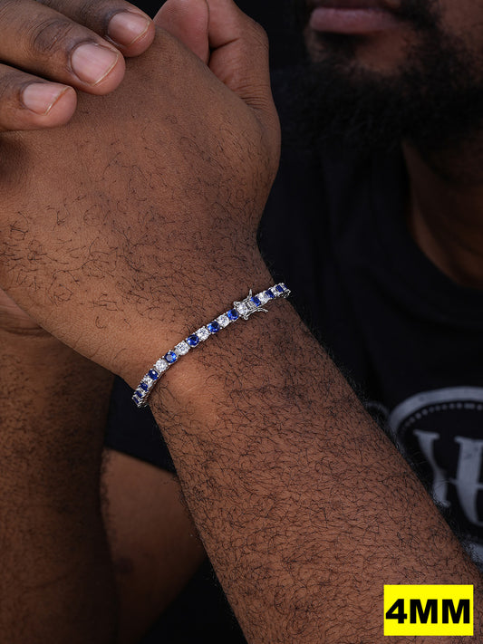 Tennis Bracelet SOLID 925 Sterling Silver Single Row Diamond & Blue Sapphire