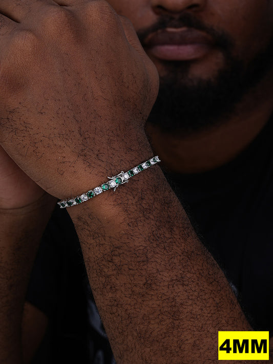 Tennis Bracelet SOLID 925 Sterling Silver Single Row Diamond & Green Emerald