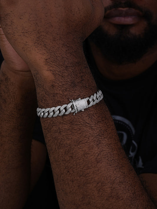 Flat Miami Cuban Link Bracelet Iced Out CZ Stones - 925 Silver - 12mm - 7-9"